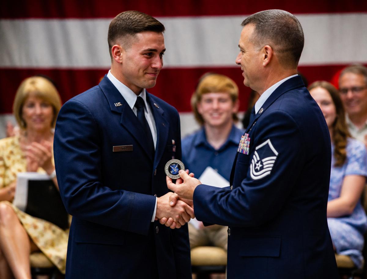 New Airman receiving the Airman's Coin at graduation ceremony