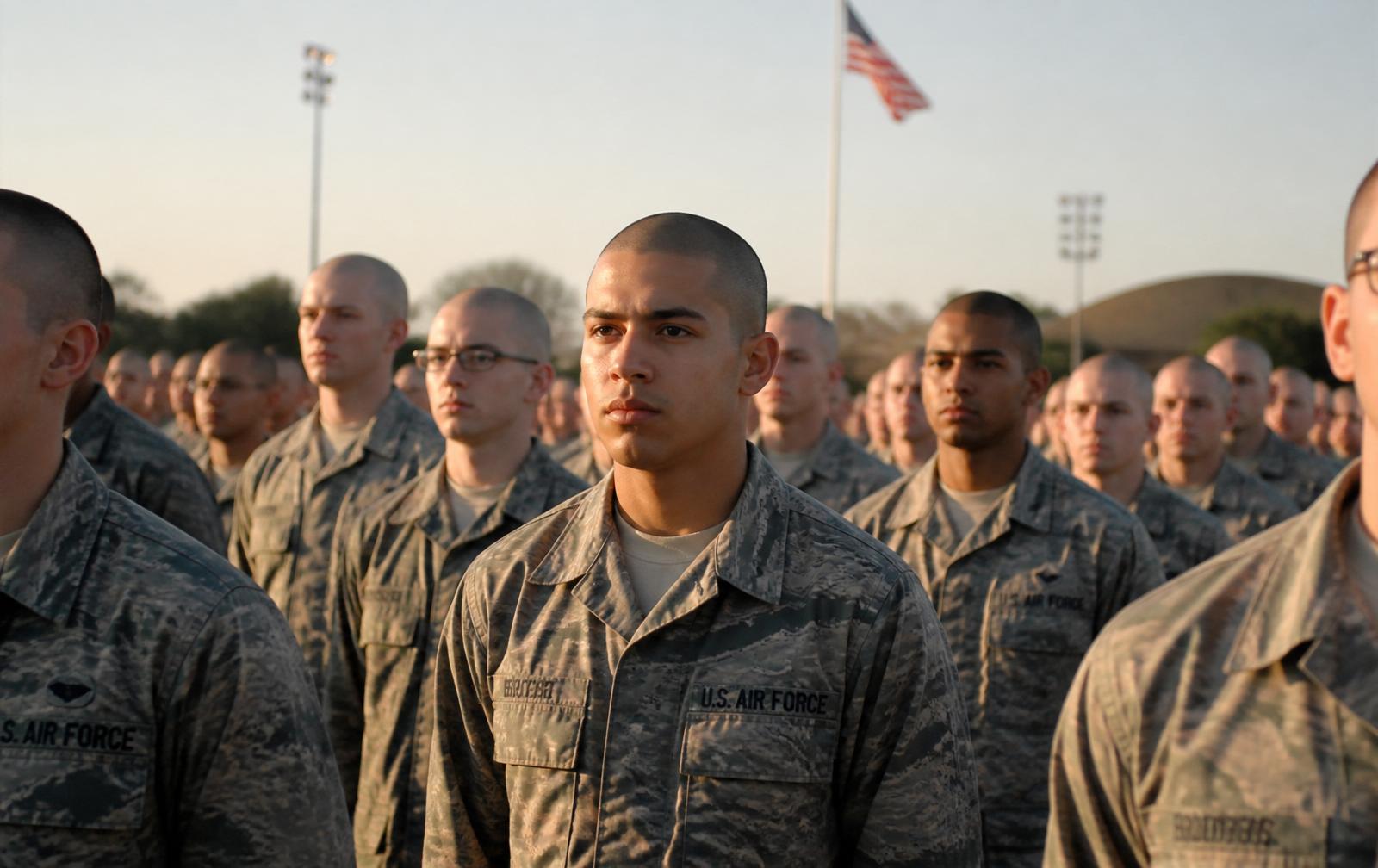 Air Force basic training recruits in formation at Joint Base San Antonio-Lackland